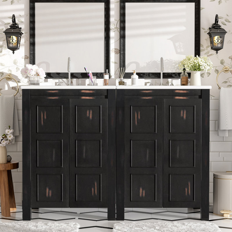 Ensemble de meuble-lavabo 48 po avec lavabos doubles (séparés), lavabos doubles en céramique, tablette de rangement et portes à fermeture en douceur 48 po