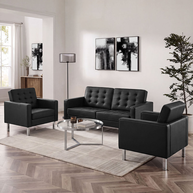 Ensemble de 3 pièces en similicuir capitonné Clinger, Noir