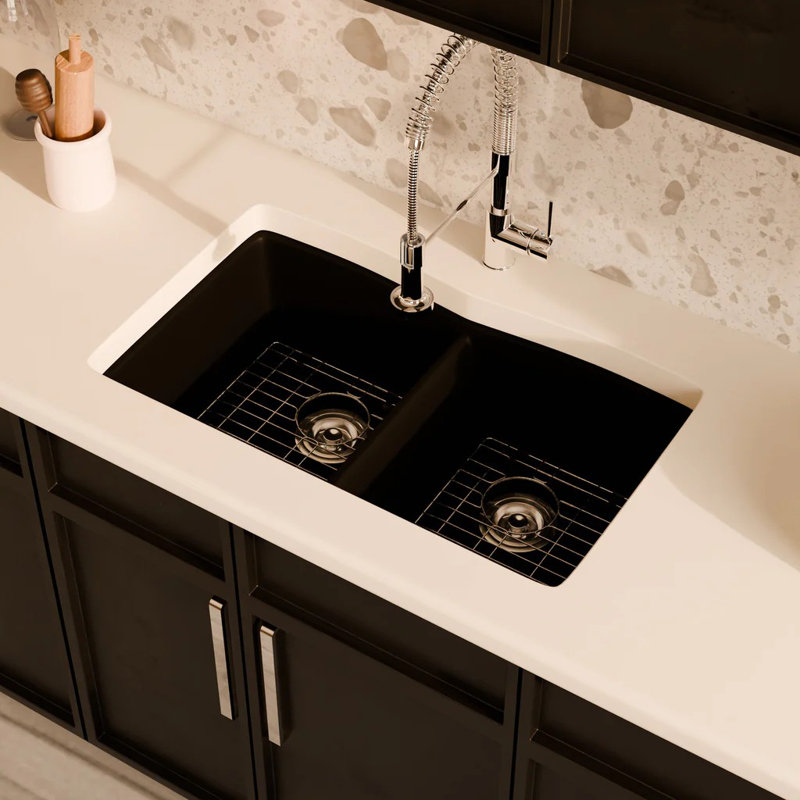 Évier de cuisine à double cuve encastrable en granite, Noir absolu