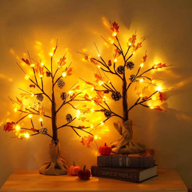 2 Pack of 24-Inch LED Lighted Artificial Fall Oak Maple Pumpkin Trees for Autumn Decor.