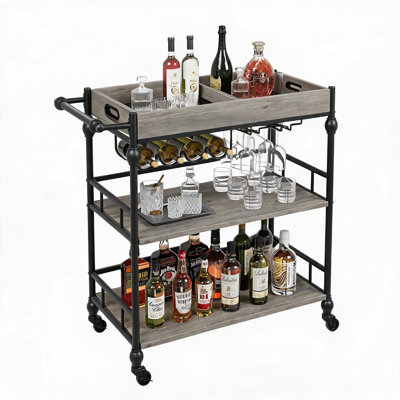 Chariot de bar industriel à 3 niveaux avec roulettes, chariot à café roulant de 90 cm de large et chariot de service avec plateau amovible, casier à vin et porte-verres pour la cuisine, la salle à manger et le salon, gris