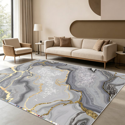 1PC Grey Gold Veined Marble Agate Fluid Art area rugs for Living Room, Soft and Comfortable, Suitable for all seasons, easy-to-maintain, machine washable Indoor floor mat, Under Table Farmhouse suitable for Dining Table, Bedroom, Entryway,
