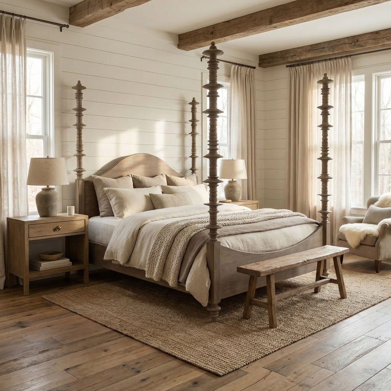 Ferret Solid Wood Four Poster Bed, King, Weathered