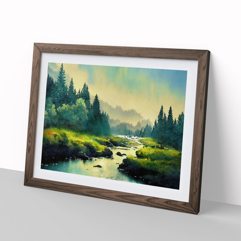Summer Forest Stream Vol.5 - Single Picture Frame Painting, 25cm H x 34cm W x 2cm D, Walnut