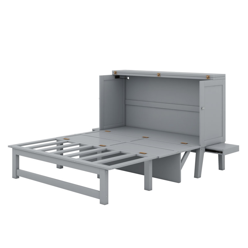 Lit escamotable avec port USB et tablettes amovibles de chaque côté, Gris, Double