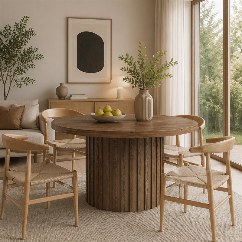 47" Round Solid Wood Dining Table for 4, Farmhouse Kitchen Table with Fluted Pedestal Base