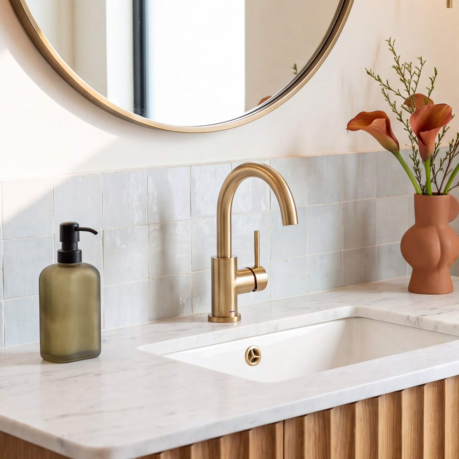 Circular Single-Hole Bathroom Faucet with Drain, Brushed Gold