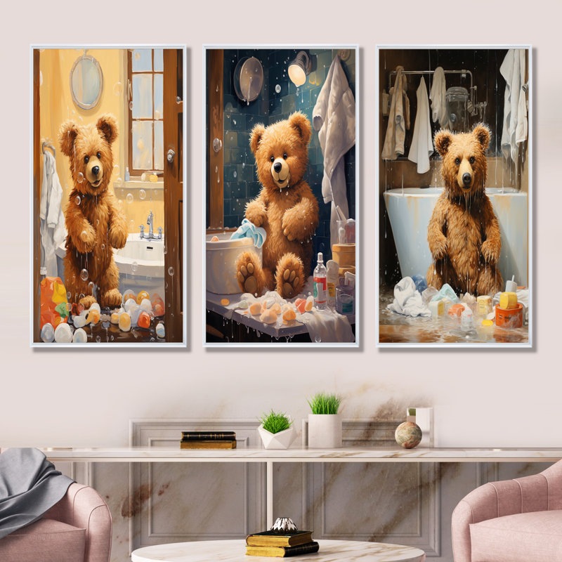 «Bathroom Bear Bear Bubbles I», ensemble de 3 toiles à linge, Cadre flottant blanc, H 40 po x l 60 po