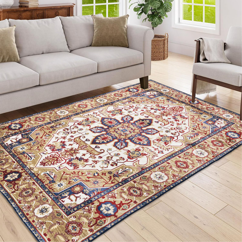 Area Rug Vintage Bohemia Large Persian Non-Slip Washable Rug For Living Room Kitchen Bedroom Living Room Flower Design