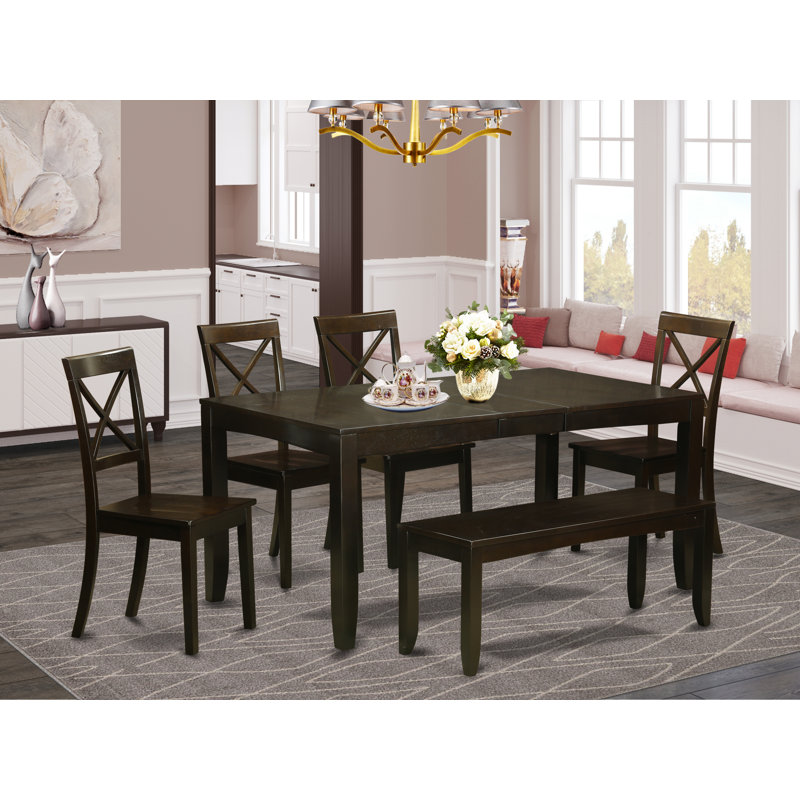 L'ensemble de table de salle à manger 6 pièces contient une table de cuisine rectangulaire avec rallonge papillon et 4 chaises de salle à manger avec banc, cappuccino