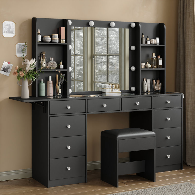 Makeup vanity With Mirror, vanity Desk With Power Outle, Makeup vanity With Lights, 3 Lighting Modes Adjustable, Makeup Table With Fold-Up Panel, 9 Drawers vanity Set