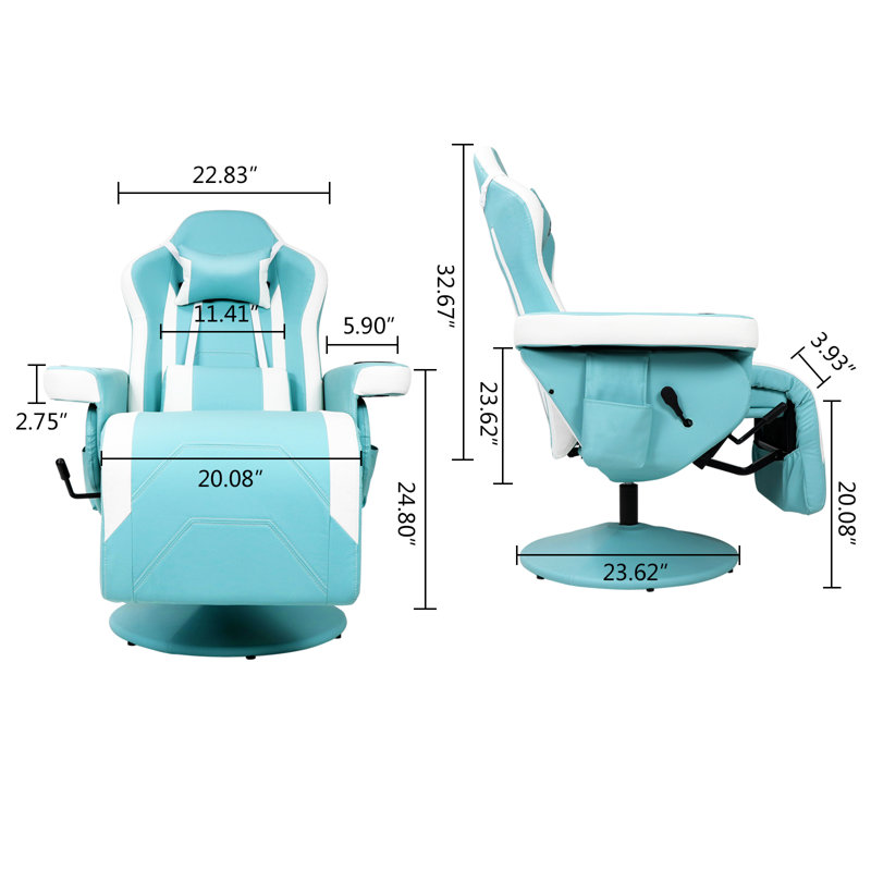 Inbox Zero Reclining Ergonomic Swiveling PC & Racing Game Chair with Footrest, Cyan White