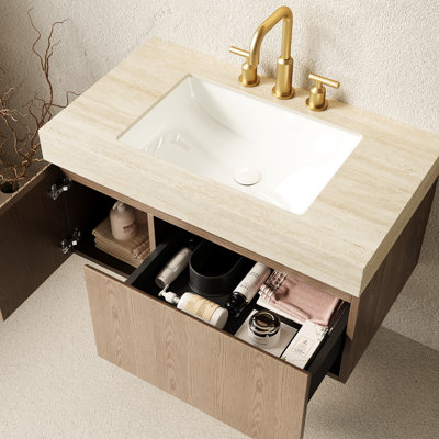 Meuble-lavabo de salle de bain 36 po avec rangement en contreplaqué flottant, plateau en pierre frittée, lavabo en céramique, 3 trous de robinet, beige, fermeture en douceur, pré-assemblé, facile à installer, armoire brune, brun percé, système de fermeture