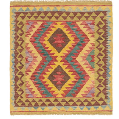 Tapis de zone en laine rouge/beige 3 pi 3 po x 3 pi en laine noué la à la main one-of-kind Lorain
