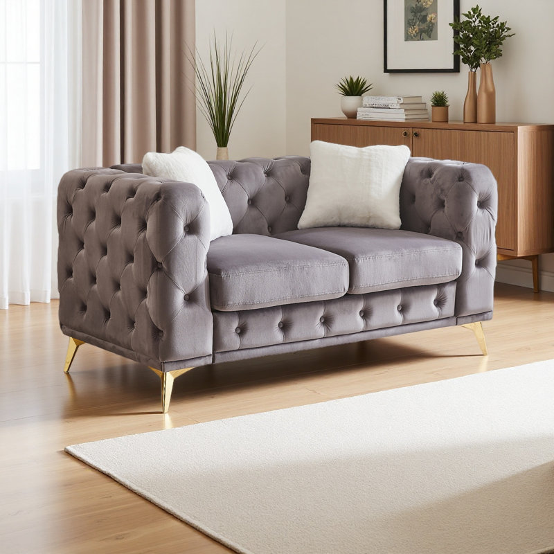 Canapé en velours de luxe moderne de 61,25 pouces avec boutons matelassés Chesterfield, 2 coussins et pieds en métal, 2, Gris