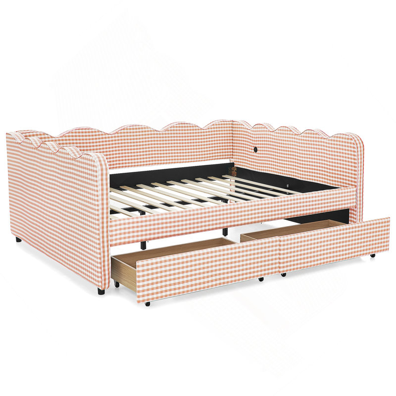 Queen Size Cozy Gingham Daybed With Two Storage Drawers, With USB Port And Adorable Wave Shaped, Linen Fabric, Queen, Pink