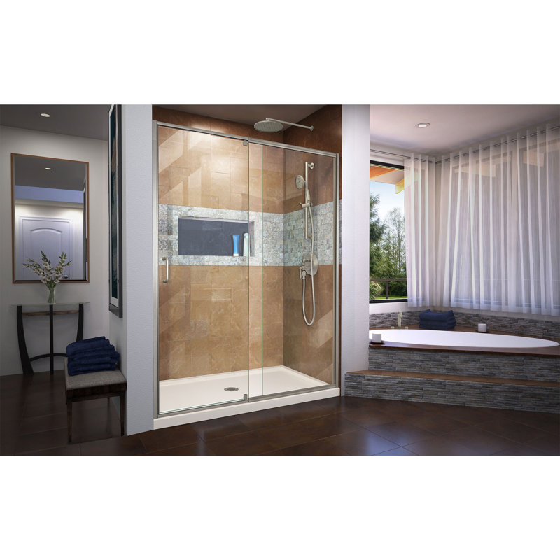 Flex Dreamline 60" x 74.75" Rectangle Pivot Shower Enclosure with Base Included, Center, Brushed Nickel/Biscuit