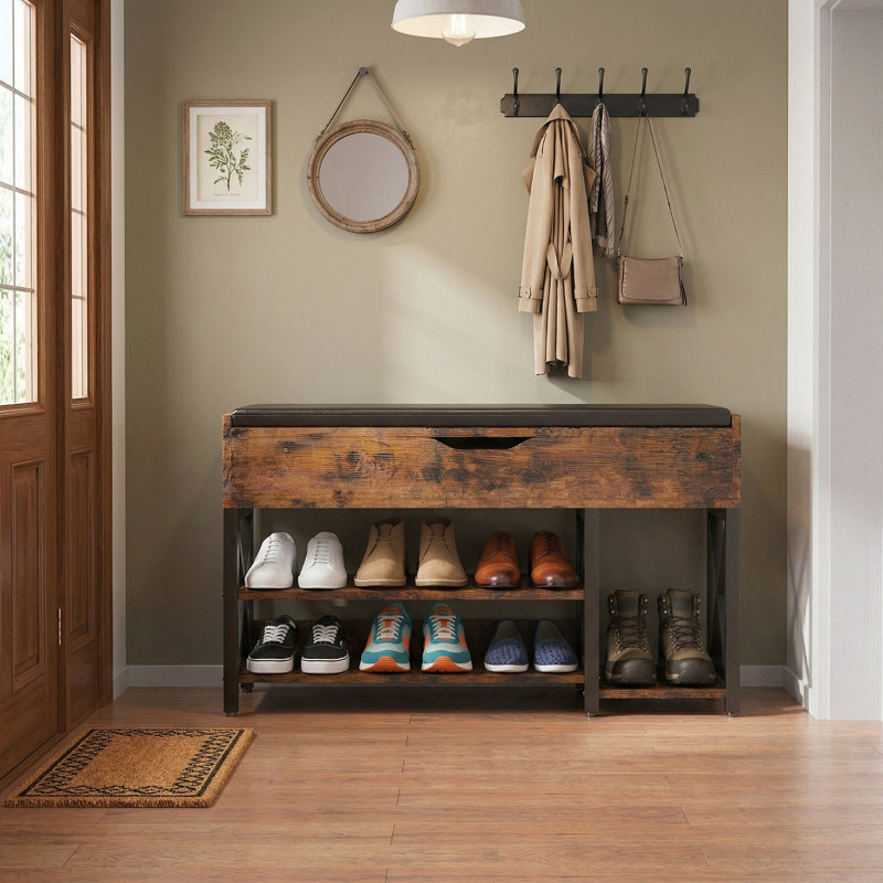 Adjustable Shoe Rack And Storage Bench For Entryways, Made Of Metal And Wood With Adjustable Shelves, Padded, Brown Color, Suitable For Bedrooms, Wardrobes, Living Rooms, And Hallways.