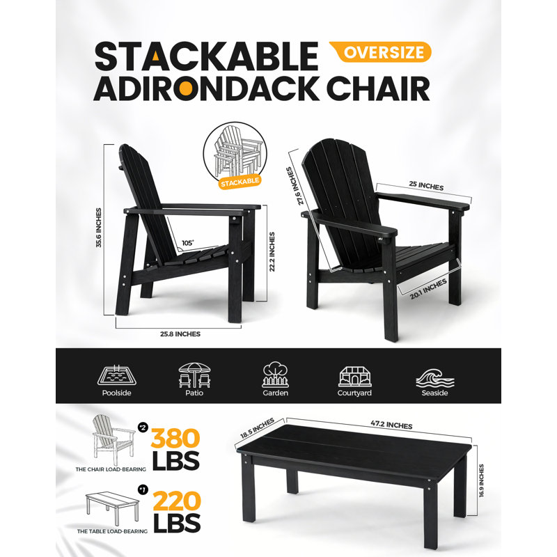 3-piece Hdpe Adirondack Patio Furniture Set - 2 Stackable Chairs & Large Side Table, All-weather, Wood-grain Finish, Black