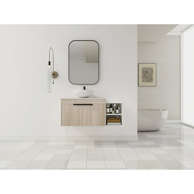 Meuble-lavabo flottant de conception moderne avec lavabo bol en céramique, dalle de pierre plate et petites tablettes de rangement