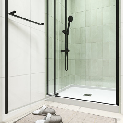 28-32"W X 72"H left and right opening universal pivot shower door, open outside, with 1/4" and 5/16" tempered glass and Matted black finish