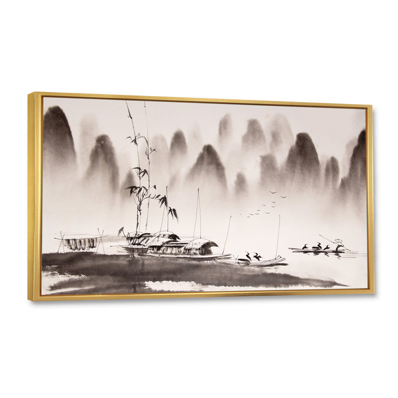Peinture à l'encre de Chine - Peinture sur toile, Encadrement doré, H 12 po x l 20 po x P 1 po