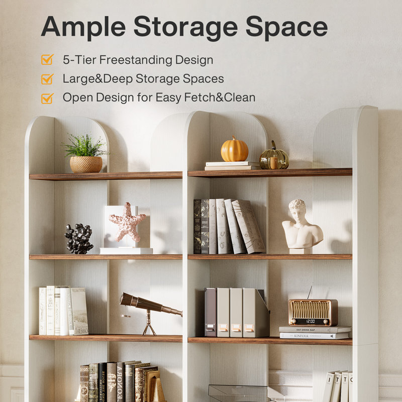 5-tier Farmhouse Bookshelf, 70.87-inch Tall Double Wide Bookcase With Open Shelves