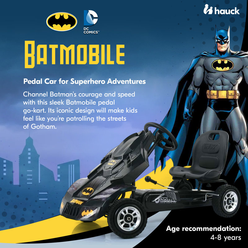 hauck Bat Mobile Pedal Go Kart Superhero Ride On Batman Vehicle for Kids, Black