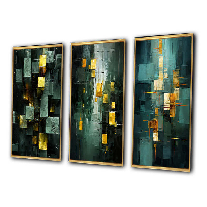 Emerald Reflections Abstract Cubist - Ensemble de 3 peintures abstraites, Cadre flottant doré, H 40 po x l 60 po