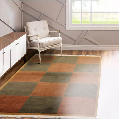 Tapis brun / vert en laine noué à la main 4 pi 1 po x 6 pi Sushama Patchwork