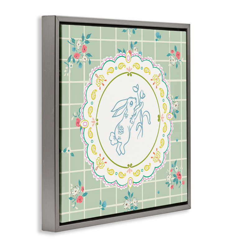 Lapin de printemps sur cadre flottant napperon, design par Angela Steahling, Cadre flottant gris lustré, H 18 po x l 18 po