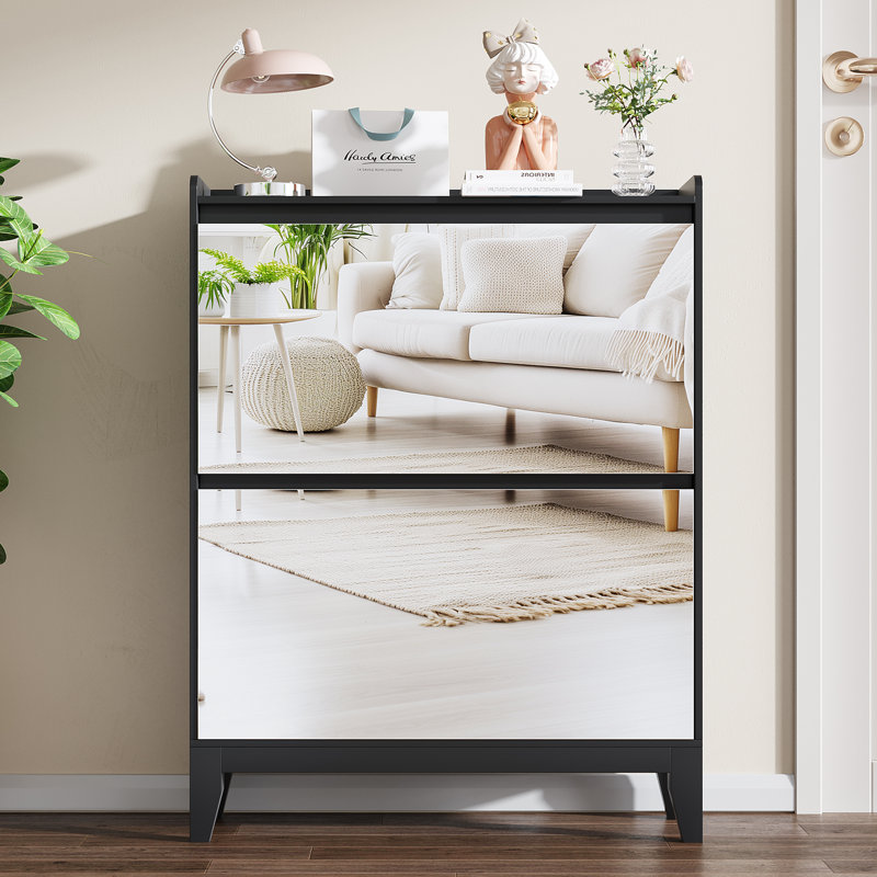 Armoire de rangement à chaussures en miroir avec 2 tiroirs rabattables, Noir