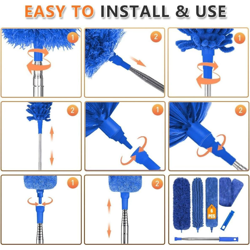 Extendable Feather 6PCS Duster Cleaning Kit Microfiber with Telescoping Extension Pole