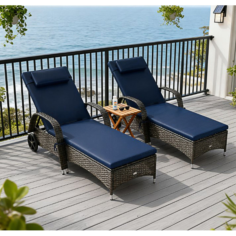 Rolling Outdoor Chairs, 2 Reclining Chaise Lounge Chairs With Cushion, Dark Blue Cushion/Mixed Brown Frame, 2