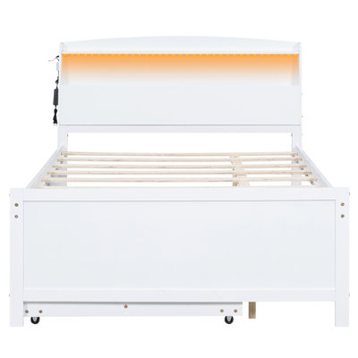Lit blanc avec lit gigogne simple, tête de lit à DEL, rangement, 3 tiroirs en bois massif et pour une tête de lit plateforme pour un sommeil profond