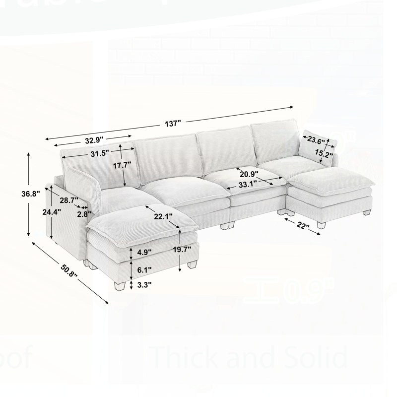 Modular Velvet U-Shaped Sofa with Ottoman and Lumbar Pillows, Deep Seating for Ultimate Comfort and Style, Beige