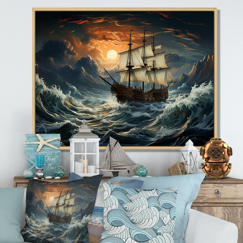 «Pirate Ship Legacy II», art mural pirate, Cadre flottant brun, H 16 po x l 32 po x P 1 po
