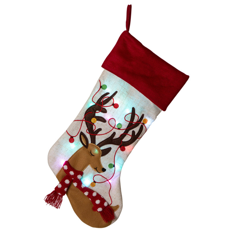 Chaussette de Noël 21 po en lin brodé à DEL - Renne