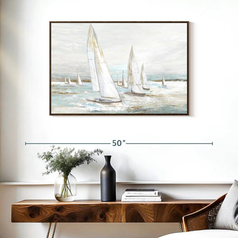 Voiles balayées par le vent I, 37 po x 25 po, Cadre flottant noyer