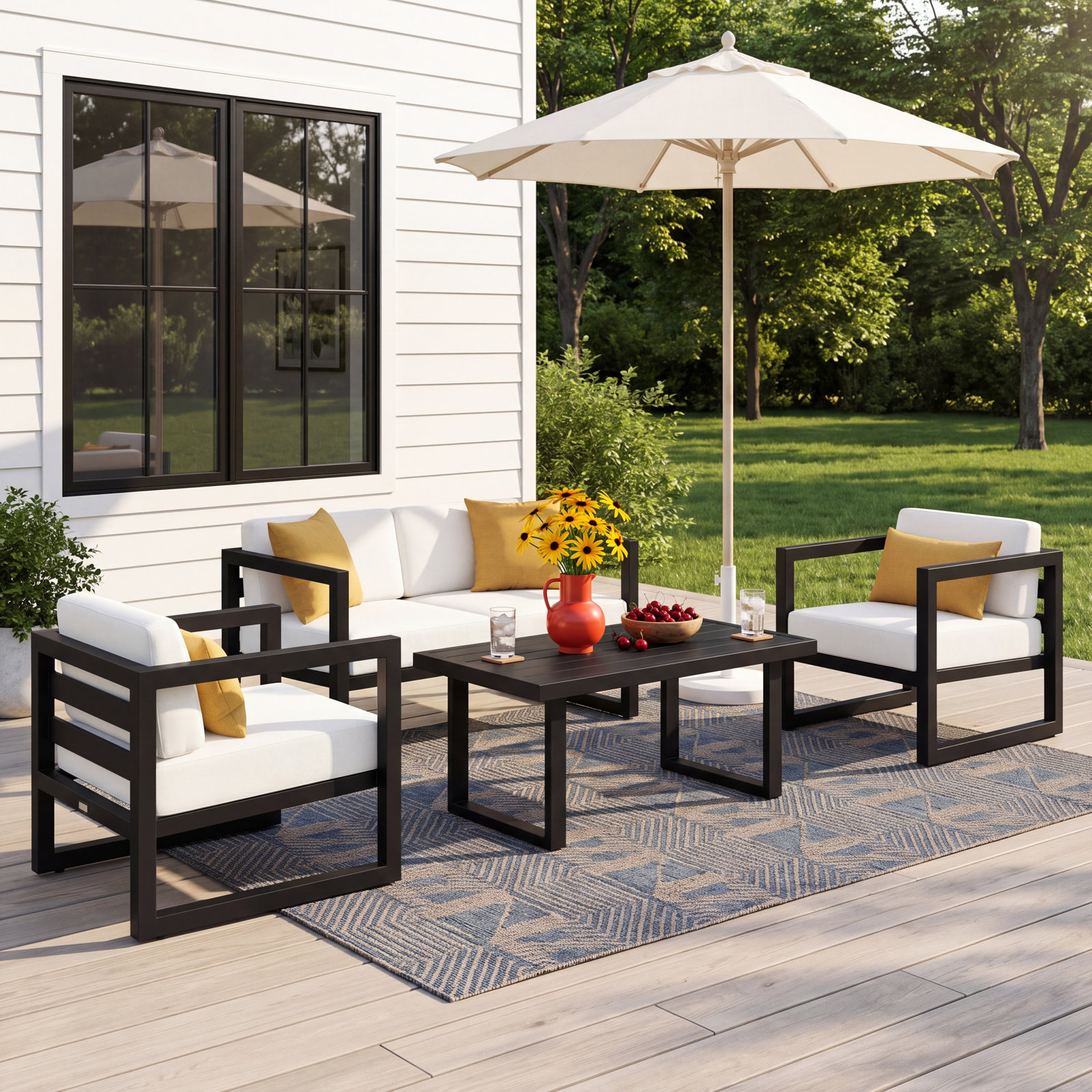 Smith 4-Person Patio Seating Group, Canvas Natural, 25" H x 54" W x 25.5" D, Slate