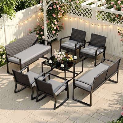 Ensemble de conversation de terrasse en osier pour 8 personnes avec coussins, causeuse, chaises berçantes et table basse