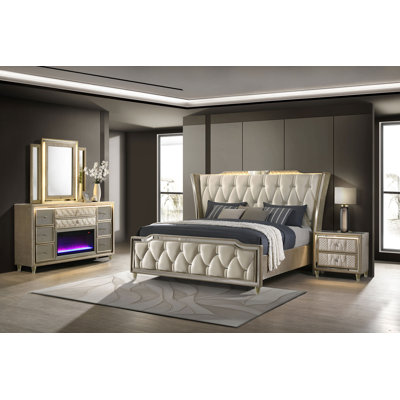 Aikens 4-Piece Queen Bedroom Set Ivory And Camel With Flame Box Dresser