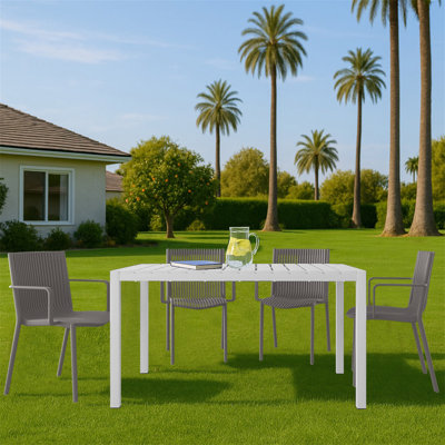Holiday - 4Pcs Warm Grey Stackable PP Armchair For Indoor/Outdoor Use – Ergonomic Slatted Back With 55 Inch White Modern Long Table - Indoor/Outdoor- Lightweight PP Tabletop With Metal