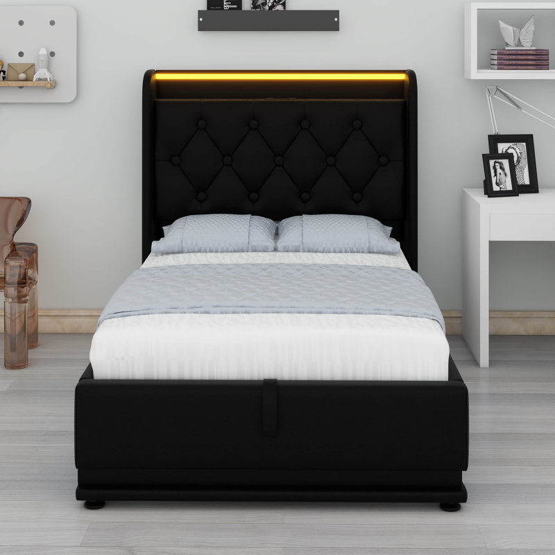 Cadre de lit simple avec rangement et tête de lit avec rangement sous le lit, cadre de lit plateforme tapissier et lit intelligent avec station de charge, lumières DEL, robuste
