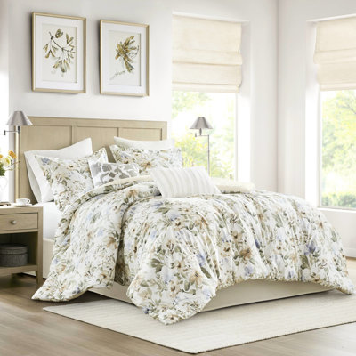 Édredon très grand 6 pièces en coton avec imprimé floral éclatant, coton tissé de haute qualité 300Tc, rembourrage 300G / m² pour une sensation de nuage, jupe de lit et oreillers décoratifs assortis, option sécuritaire