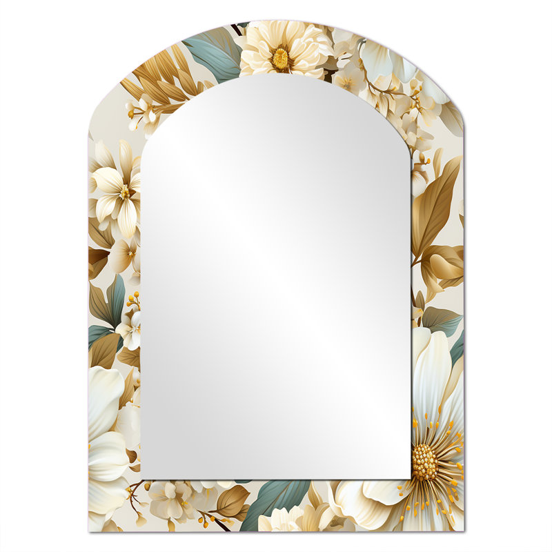 Beige Tranquility Peonies Flower Pattern - Floral Asymmetrical Decorative Mirror, Beige Arch Wall Mirror, Printed Metal Art