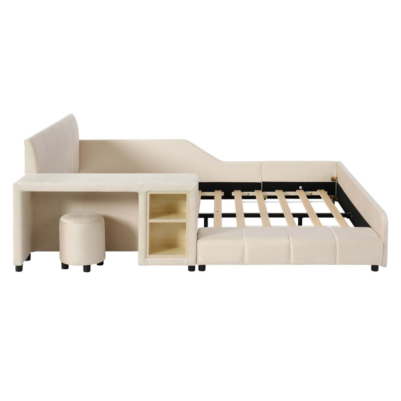 Lit tapissier pleine grandeur avec lit à la terre, lit pour mère et enfant avec bureau de chevet et petit tabouret rond, velours, beige (ANCIEN SKU: SF000111AAA)