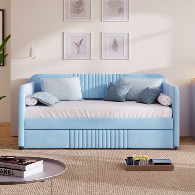 Upholstered Daybed Sofa Bed With Trundle Bed And Wood Slat