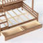 Lit simple superposé au dessus d'un lit double avec rangement, garde-corps courbés et tablettes latérales, structure en bois massif, aucun sommier nécessaire, naturel profond-134228585-134228587