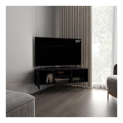 Meuble télé de coin Lancaster, avec deux tablettes et deux armoires, noir